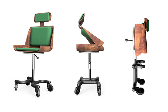 Jenna Siiran suunnittelema Taitos-työtuoli on suunniteltu taittumaan tuoliosastaan pystysuunnassa pieneen tilaan. Kuvassa tuoli erilaisissa taitostiloissaan: avoimena tuolina ja taitettuna kasaan.