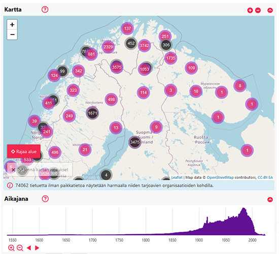 Kuva Nuohtti-palvelun kartasta ja aikajanasta.