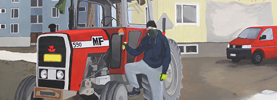 Heini Kulmanen: Hyvä olla kotona / It’s good to be home, 76 cm x 110 cm, akryylimaali maitokartongille