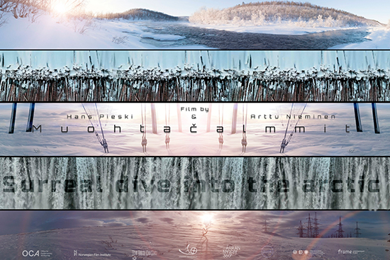 Muohtačalmmit (Snowfall) -elokuvan juliste, jossa viisi laajaa panoraamakuvaa pohjoisesta luonnosta allekkain. Kuva: Arttu Nieminen & Hans Pieski.