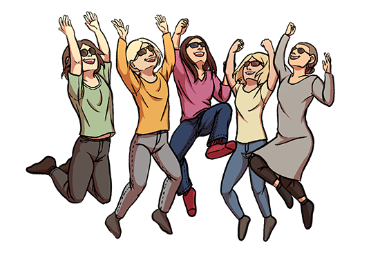 Piirroskuvassa 5 kuraattoria hyppää ilmaan. 