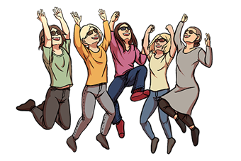 Piirroskuvassa 5 kuraattoria hyppää ilmaan. 