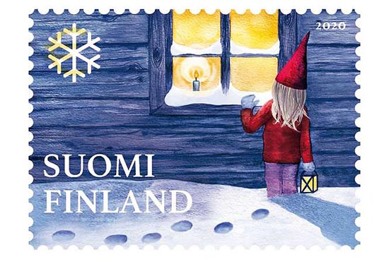 Kuvassa Ida Sarisalmen suunnittelema Kylätonttu-postimerkki.