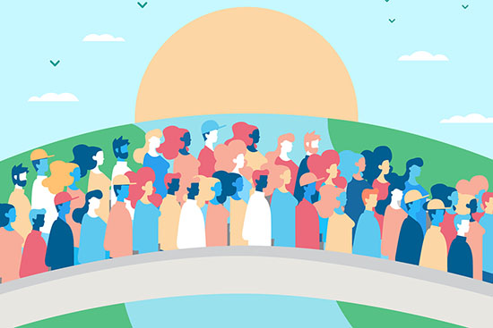 Piirretty kuva, jossa suuri ihmisryhmä kävelee siltaa pitkin ja taustalla paistaa aurinko