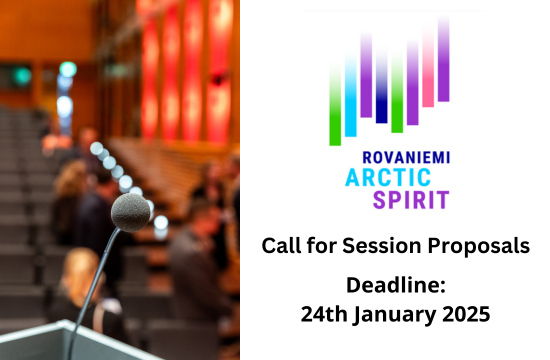 Konferenssihuone, etualalla mikrofoni ja taustalla epäselviä henkilöitä. Oikealla teksti: Rovaniemi Arctic Spirit. Call for Session Proposals. Deadline: 24th January 2025.