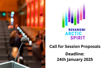 Konferenssihuone, etualalla mikrofoni ja taustalla epäselviä henkilöitä. Oikealla teksti: Rovaniemi Arctic Spirit. Call for Session Proposals. Deadline: 24th January 2025.
