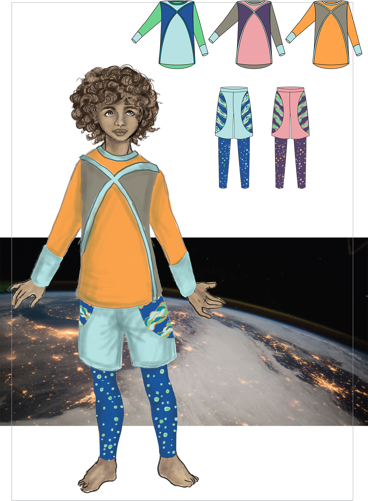 Asukokonaisuus Lasten vaatetus -kurssilla suunnitellusta avaruusteemaisesta ORBIT-kokoelmasta