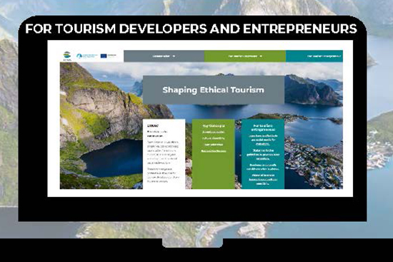 Kuva Shaping Ethical Tourism -verkkosivun etusivusta, taustallaan kuva kesäisestä vuonomaisemasta.