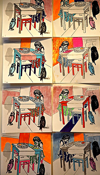 Pauliina Hautala, sarjasta 'Piirrän, siis olen', 2014, 20 x 20 cm, laminaattikalvo, tulosteet, tussit