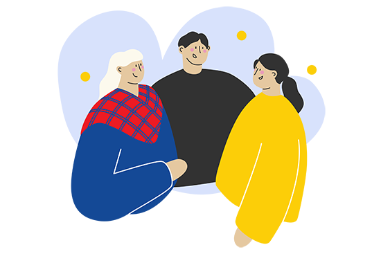 Kolme piirroshenkilöä keskustelee.