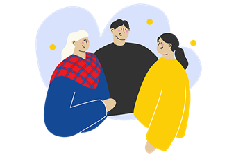 Kolme piirroshenkilöä keskustelee.