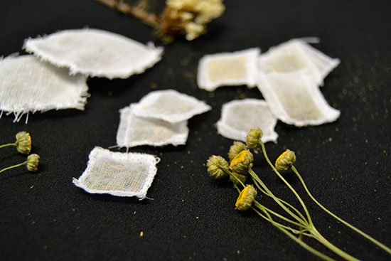 Kuvassa tuoksutekstiilikokeilussa käytettyjä keltakukkaisia kasveja ja harsomaisesta kankaasta tehtyjä pieniä pusseja.