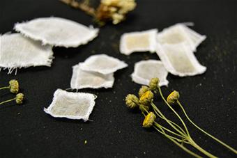 Kuvassa tuoksutekstiilikokeilussa käytettyjä keltakukkaisia kasveja ja harsomaisesta kankaasta tehtyjä pieniä pusseja.