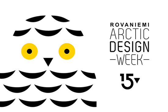 Arctic Design Week 15 vuotta. Kuvassa viikon tunnus, tyylitelty musta-valko-keltainen pöllö.
