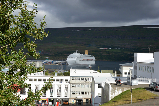 Cruise ship in front of a small town with mountain landscape in the background.