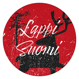 Jukka Kiviniemen suunnittelema pyöreä graafinen merkki, jossa punaisella taustalla mustalla poron siluetti ja männyn siluetti, joiden päällä lukee Lappi Suomi. Kuva: Jukka Kiviniemi.