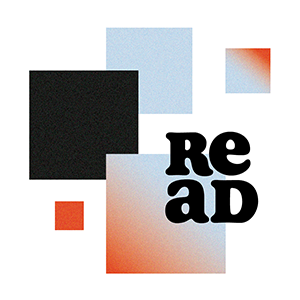 Read-näyttelyn logo, jossa on viisi erikokoista ja -väristä neliötä osittain päällekkäin ja yhden neliön päällä teksti Read.