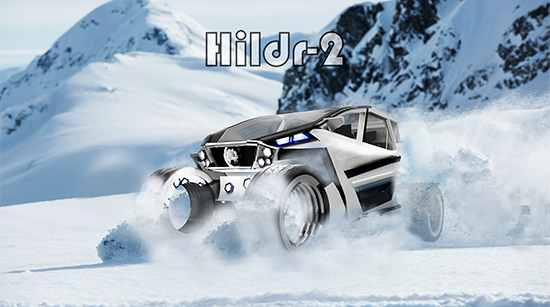 Suunnittelukuva Juuso Kiviniemen ajoneuvokonseptista Hildr-2. Ajoneuvo on katetun mönkijän tyylinen, ja kuvassa se on lumisessa maastossa. Kuva: Juuso Kiviniemi.