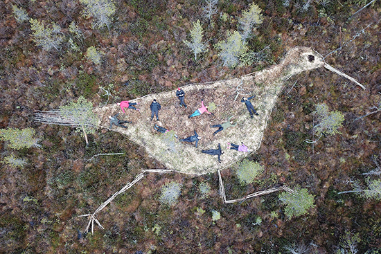 Ihmisiä suolla lepäämässä linnun muotoisen maastotaideteoksen päällä. Kuva: Antti Kurola.