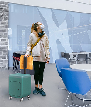 Havainnekuva Jenna Siiran suunnittelemasta siirreltävästä säilytyskaluste Luggista, jossa on alla penkiksi sopiva kuutiomainen säilytystaso pyörillä ja sen toisella laidalla taitettava työtaso.