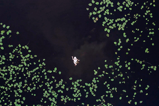 Ihminen liikkuu tummassa vedessä, jossa on kasvillisuutta. Kuva Anna Kekkosen Rajapinta-elokuvasta.