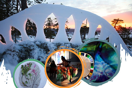 Osa Taide avartaa matkailualaa Lapissa -julkaisun kannesta: usean kuvan kollaasi, jossa muun muassa lumitaideteos metsäisessä maisemassa, tanssija ja kuivattuja kasveja.