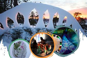 Osa Taide avartaa matkailualaa Lapissa -julkaisun kannesta: usean kuvan kollaasi, jossa muun muassa lumitaideteos metsäisessä maisemassa, tanssija ja kuivattuja kasveja.