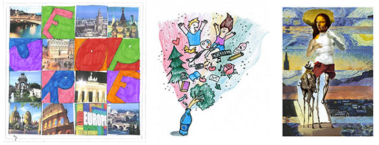 Kuvassa kolme oppilastyötä yläkoulusta Isosta-Britanniasta ja lukiosta Suomesta. Yhdessä kuvassa kuvia tunnetuista eurooppalaisista rakennuksista ja Europe-sana. Toisessa kuvassa piirros EU-lippu-etikettisestä pullosta, jonka suulta lähtee ylöspäin puita, kukkia, esineitä ja ihmisiä. Kolmannessa kuvassa kollaasi tunnettujen eurooppalaisten kuvataiteijoiden töistä.