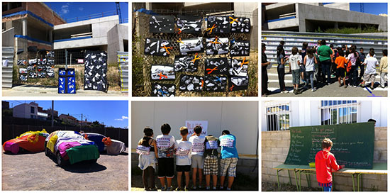 Kuuden kuvan kollasi, jossa osia espanjalaisen alakoulun oppilaiden koulunsa ympäristöön tekememästä teoksesta. Kuvissa oppilaita tekemässä taideteosta sekä valmiita osia teoksesta: värikkäillä kankailla peitettyjä autoja sekä mustavalkoisia papereita, joiden päällä kirkkaanvärisiä saksia.