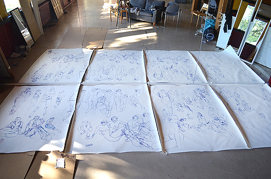 Leena-Maija Karttunen, Tutkielmia kehosta (2016), monotypia ja akvarelli, 504 x 168 cm. Kuva: Leena-Maija Karttunen